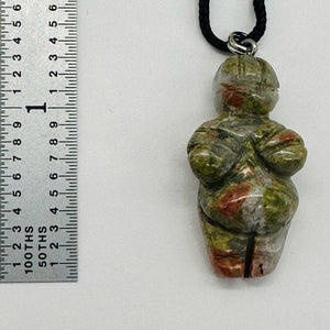 Unakite Stone Goddess of Willendorf Pendant Necklace | 3/4' Long | Green, Pink |