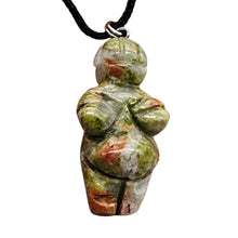Load image into Gallery viewer, Unakite Stone Goddess of Willendorf Pendant Necklace | 3/4&#39; Long | Green, Pink |
