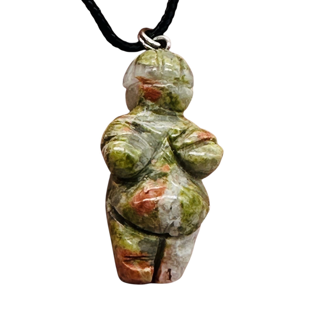 Unakite Stone Goddess of Willendorf Pendant Necklace | 3/4' Long | Green, Pink |