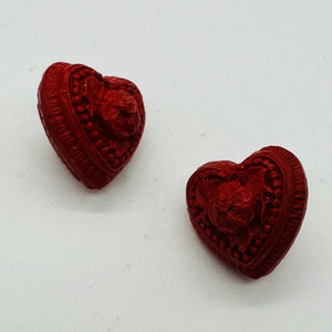 Cinnabar Carved Double Flower Heart Beads | 22x22x20mm | Red | 2 Beads |