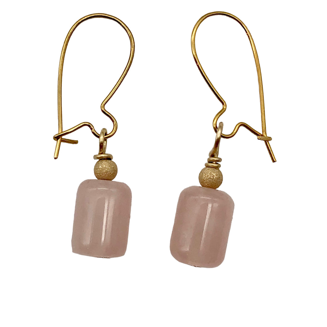 Madagascar Rose Quartz Tube Bead 14k Gold Filled Semi Precious Stone Earrings