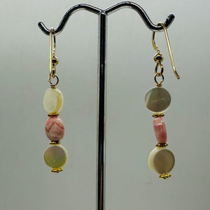 Rhodocrosite Mother of Pearl 14K Gold Filled Drop Earrings | 1 3/4"| Pink White|