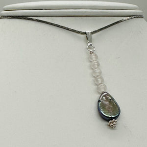Pearl and Rose Quartz Sterling Silver Drop Pendant | 1 1/2" Long | Rainbow |