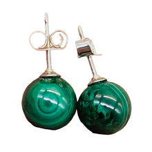 Load image into Gallery viewer, Malachite Sterling Silver Post Round Earrings | 8mm | Green | 1 Pair |

