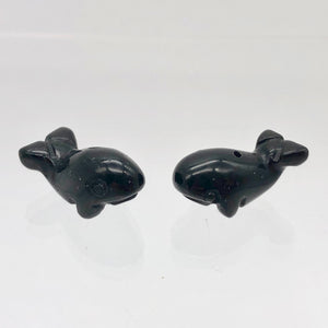 Carved Sea Animals 2 Obsidian Whale Beads | 21x12x10mm | Black