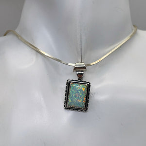 Opal 1 1/4"' Long Sterling Silver Rectangle Pendant | 15x10mm| Green Red White|