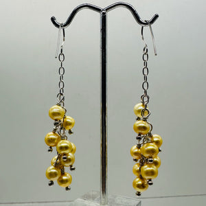 Golden Yellow Freshwater Pearl Designer Earrings | 9 Pearls | 2 1/4" Drop |