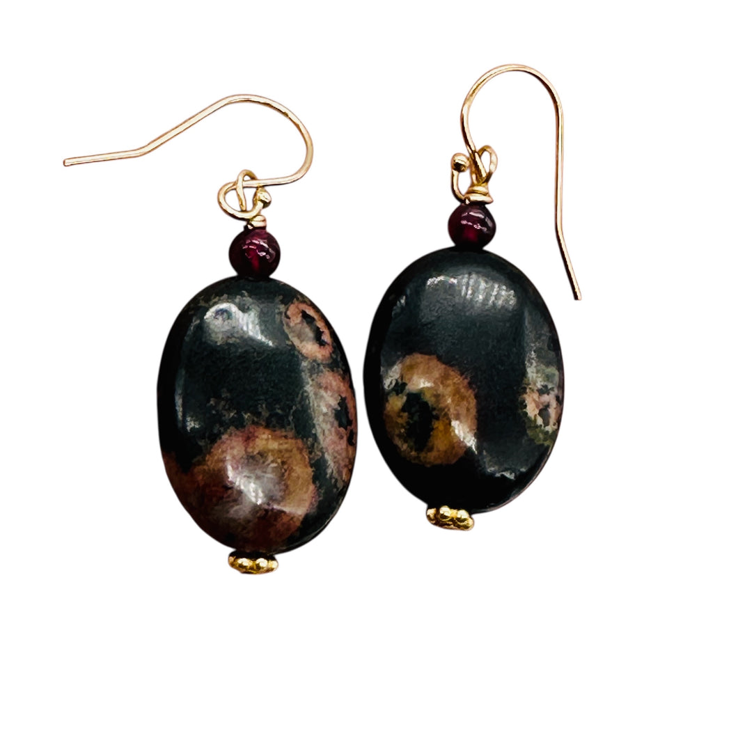 Natural Poppy Ocean Jasper 14K Gold Filled Earrings | Pink, Black | 1 1/2