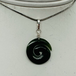 Jade New Zealand Maori Koru Sterling Silver Pendant | Green | 1" Long |