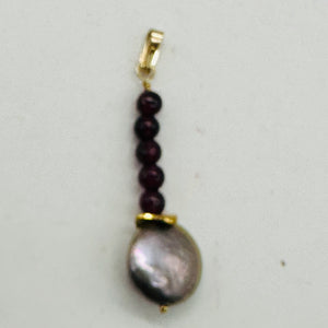 Natural Garnet and Pearl 14KGF Pendant | 1 1/2 Inch Long |