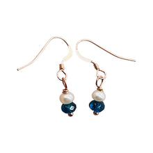 Load image into Gallery viewer, Dazzle Blue Apatite and Fresh Water Pearl Rose Filled Gold Earrings | 1" Long |
