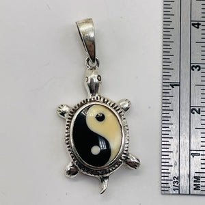Yin Yang Sterling Silver Turtle Pendant | 1 1/2" Long | White Black | 1 Pendant |