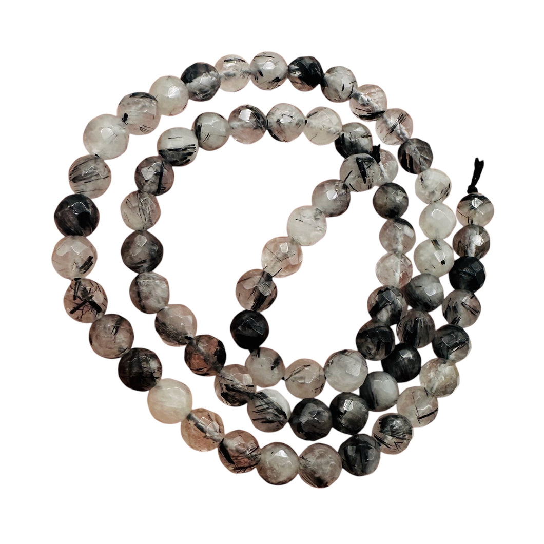 Shine! Natural Untreated Tourmalated Quartz Faceted Round Bead Strand | 6 mm |