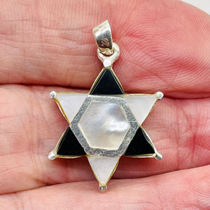 Mother of Pearl and Onyx Sterling Silver Pendant Kagome Shatkona |1 1/4" Long |