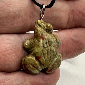 Unakite Stone Frog Pendant Necklace |1 1/4" Long | Green, Pink | 1 Pendant |