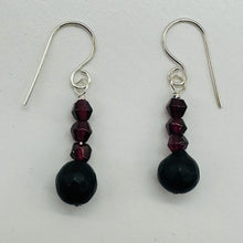 Load image into Gallery viewer, Black Stone -Africa Round Bead and Garnet Sterling Silver Earrings| Black Matte|
