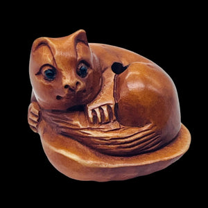 Carved Boxwood Kitty Cat On Clam Shell Ojime/Netsuke Bead | 24x21.5x22mm | Brown