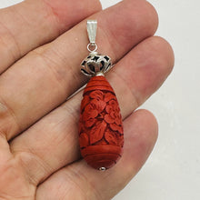 Load image into Gallery viewer, Cinnabar Carved Teardrop Barrel Bead Sterling Silver Pendant | 2 1/4" Long| Red
