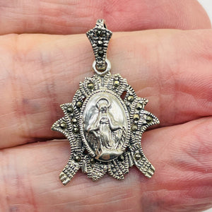 Marcasite Sterling Silver Virgin Mary Pendant | 1" Long | 1 Pendant