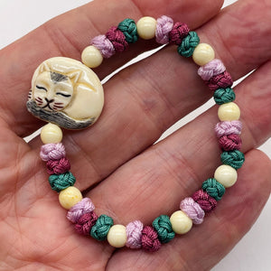 Bone and Silk Braided Kitty 6mm Beads | 6 to 7 Inch Bracelet | White, Lavender |