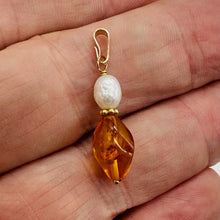 Load image into Gallery viewer, Amber and Pearl 14K Gold Filled Pendant | 1&quot; Long | Yellow, White | 1 Pendant |
