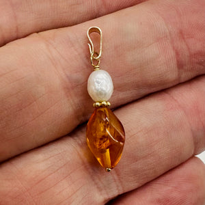 Amber and Pearl 14K Gold Filled Pendant | 1" Long | Yellow, White | 1 Pendant |
