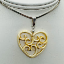 Load image into Gallery viewer, Heart Shape Delicate Carved Bone Sterling Silver Pendant| 1 3/4&quot; Long | Cream |
