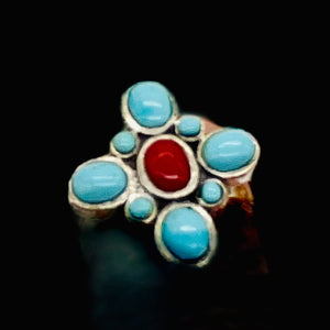 Turquoise Coral Sterling Silver Ring | Size 7.75 | Blue Red | 1 Ring |