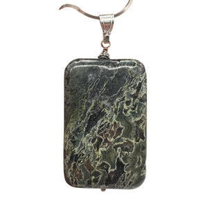 Tsunami Stone Sterling Silver Rectangle Pendant | 3" Long | Green White |