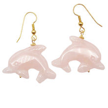 Load image into Gallery viewer, Rose Quartz 14K Gold Filled Dolphin Drop/Dangle Earrings| 1 1/2" Long | Pink |
