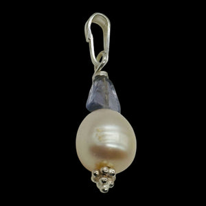 Iolite, Fresh Water Large Pearl Sterling Silver Drop Pendant | 1" Long |