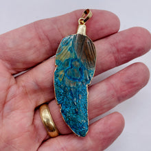 Load image into Gallery viewer, Chrysocolla Carved Gold Trim Leaf Pendant | 3" Long | Green Blue | 1 Pendant |

