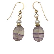 Load image into Gallery viewer, Fluorite and Pearl 15x10mm Bead Dangle 14K Gold Filled Earrings! | 1 1/2" Long|
