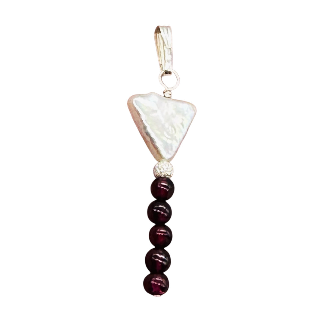 Pearl Triangle and Garnet Sterling Silver Drop Pendant| 1 3/4