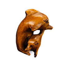 Load image into Gallery viewer, Carved Mommie Dolphin &amp; Baby Boxwood Ojime/Netsuke Bead | 28x20x18mm | Brown
