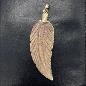 Jasper Carved Gold Trim Leaf Pendant | 3" Long | Beige Mauve | 1 Pendant |