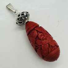Load image into Gallery viewer, Cinnabar Carved Teardrop Barrel Bead Sterling Silver Pendant | 2 1/4" Long| Red
