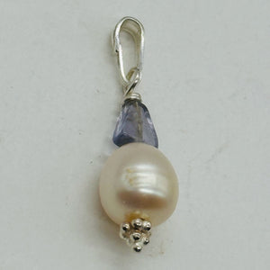 Iolite, Fresh Water Large Pearl Sterling Silver Drop Pendant | 1" Long |