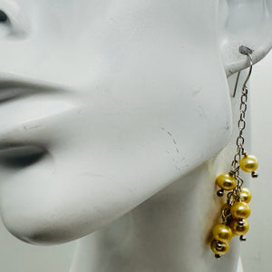 Golden Yellow Freshwater Pearl Designer Earrings | 9 Pearls | 2 1/4" Drop |