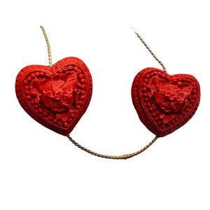 Cinnabar Carved Double Flower Heart Beads | 22x22x20mm | Red | 2 Beads |