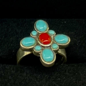 Turquoise Coral Sterling Silver Ring | Size 7.75 | Blue Red | 1 Ring |