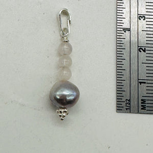 Rose Quartz, Silver Blue Pearl Sterling Silver Pendant| 1 1/4" Long| Pink, Blue|