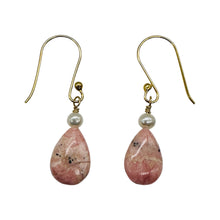 Load image into Gallery viewer, Teardrop Rhodochrosite and Pearl Drop 14K Rose Gold Filled Earrings|1 1/2" Long|
