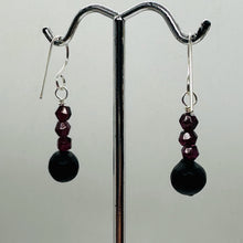 Load image into Gallery viewer, Black Stone -Africa Round Bead and Garnet Sterling Silver Earrings| Black Matte|
