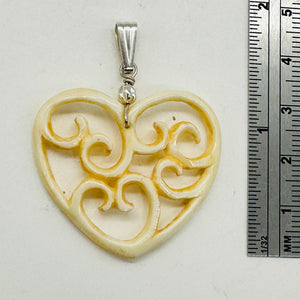 Heart Shape Delicate Carved Bone Sterling Silver Pendant| 1 3/4" Long | Cream |