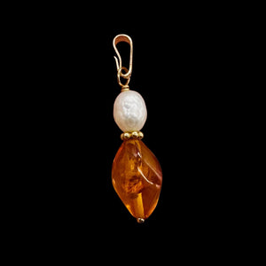 Amber and Pearl 14K Gold Filled Pendant | 1" Long | Yellow, White | 1 Pendant |