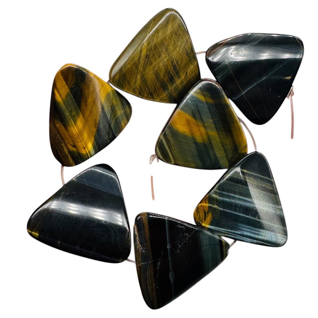 Tiger Eye Triangle Half-Strand Beads |30x7mm | Bronze, Blue, Black | 7 beads |