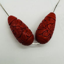 Load image into Gallery viewer, Cinnabar Carved Teardrop Barrel Beads | 34x16x12mm | Red | 2 Beads |
