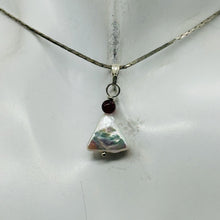 Load image into Gallery viewer, Pearl Triangle and Garnet Sterling Silver Drop Pendant | 1&quot; Long | White, Red |

