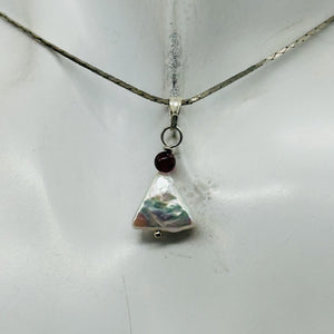 Pearl Triangle and Garnet Sterling Silver Drop Pendant | 1" Long | White, Red |